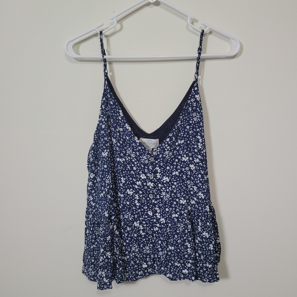 Jun‎ & Ivy Size M Floral Button Front Camisole Tank Top Womens Navy Blue White